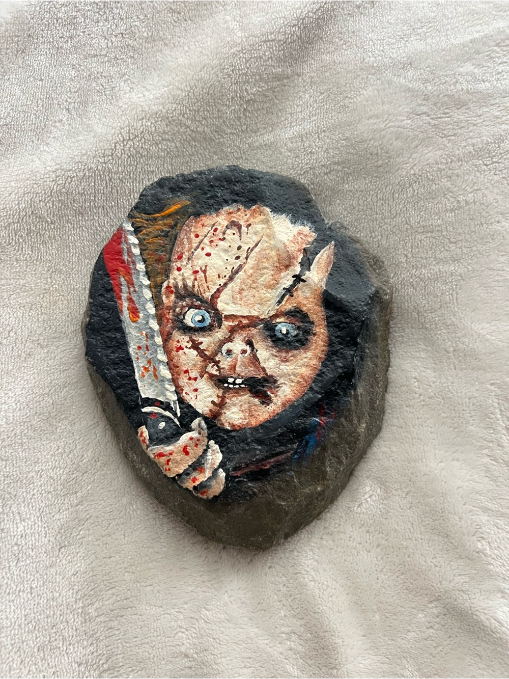 Hand-Painted Chucky Doll Rock Art — Horror Knife Design